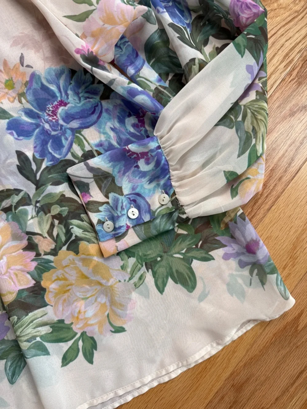 Zara Cream Floral sheer Blouse with tie neck